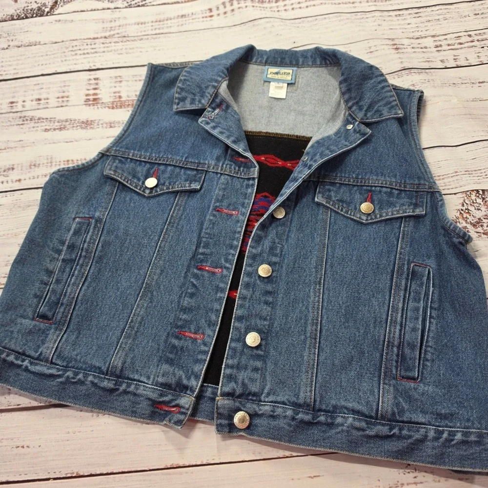 Pendleton Denim Trucker Vest Womens Large Blue Good Southwestern Wool Trim